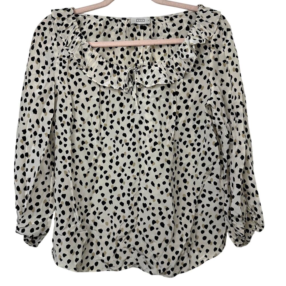 AYR Cream Blouse with Black Spot Print Ruffle Tie Neck